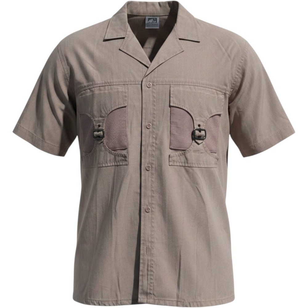 Bristol Bay Mens Utility Shirt Tan Short Sleeve Buckle Mesh Pockets Gorpcore S